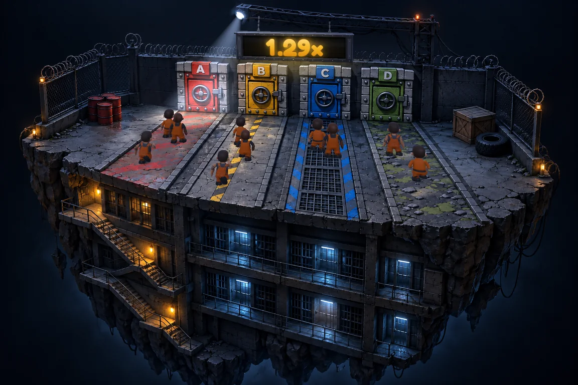 The Escape world, playing: a prison yard on an island, four gates at its far wall