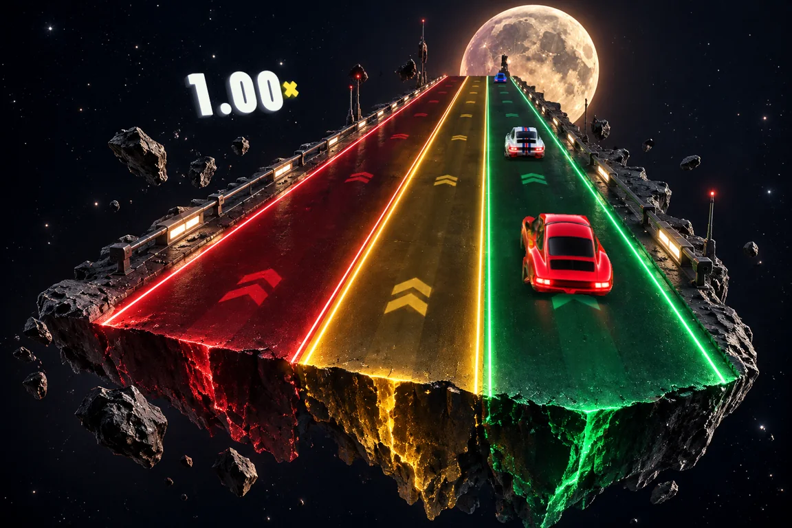 The RedLine world, playing: a three-lane road on an island under the moon
